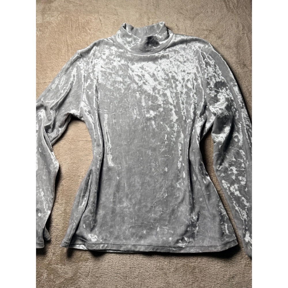 Forenza Silver Crushed Velvet Mock Neck Long Sleeve Top Vintage Large Whimsigoth